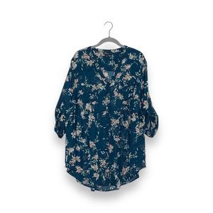 Torrid Floral Green Emma Babydoll Chiffon Roll Tab Sleeve Tunic Blouse